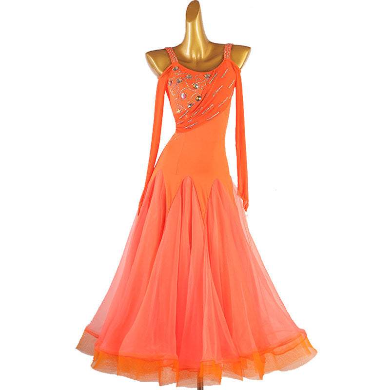 Orange version of the diagonal rhinestone ballroom dance dress