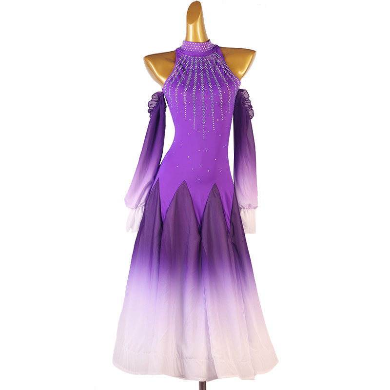 Purple version of the beaded fan collar ballroom dance dress