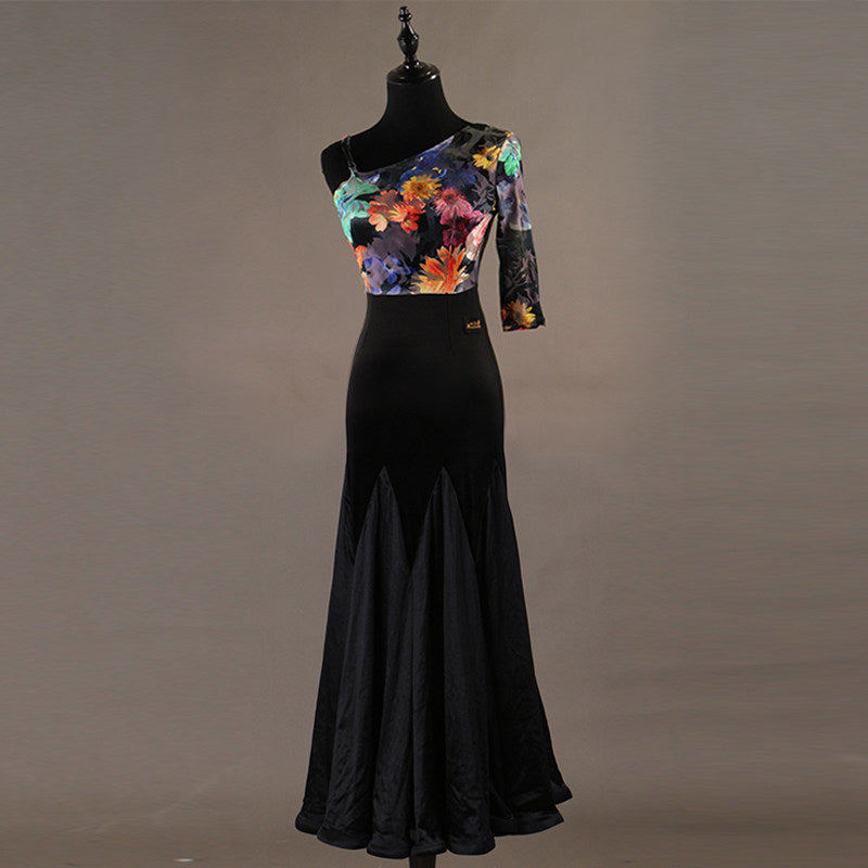 Floral print one shoulder ballroom dance dress with black swing skirt