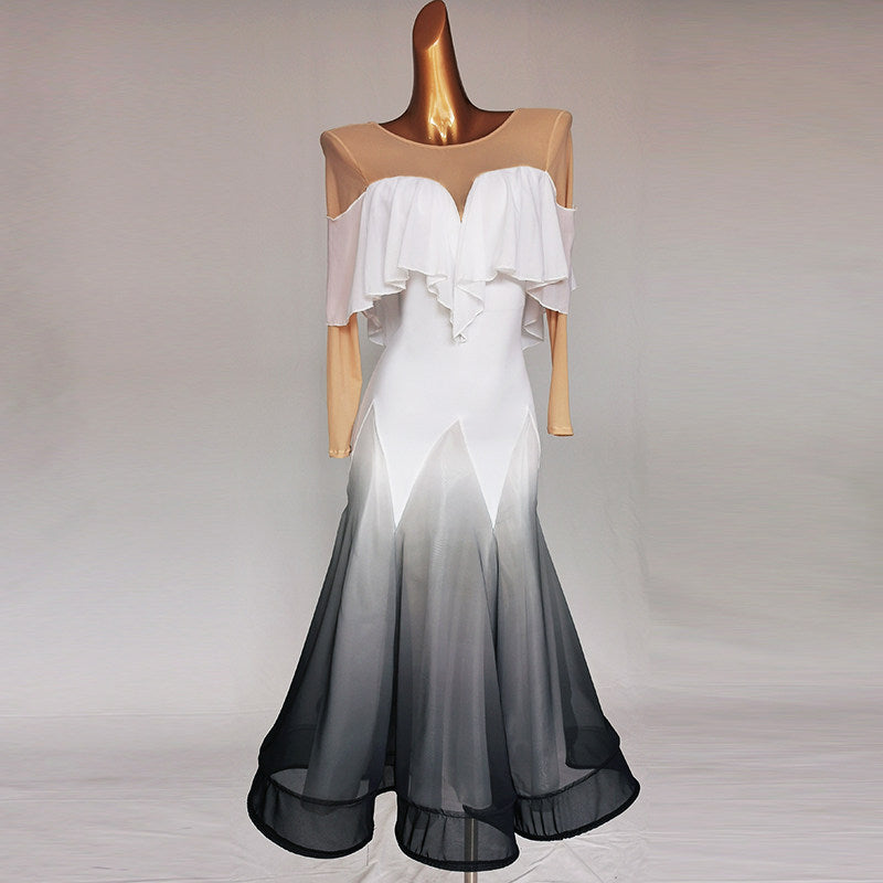 Ballroom dance dress with off shoulder ruffle and black to white ombre skirt