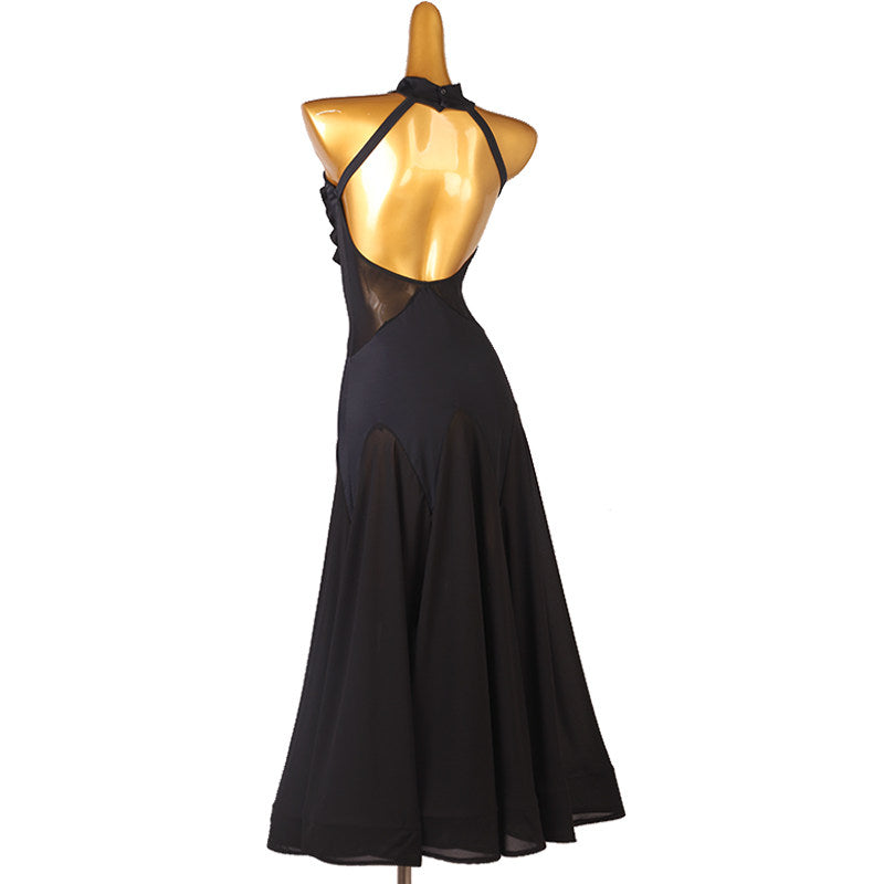Back of the black ballroom dance dress with the mesh back panel
