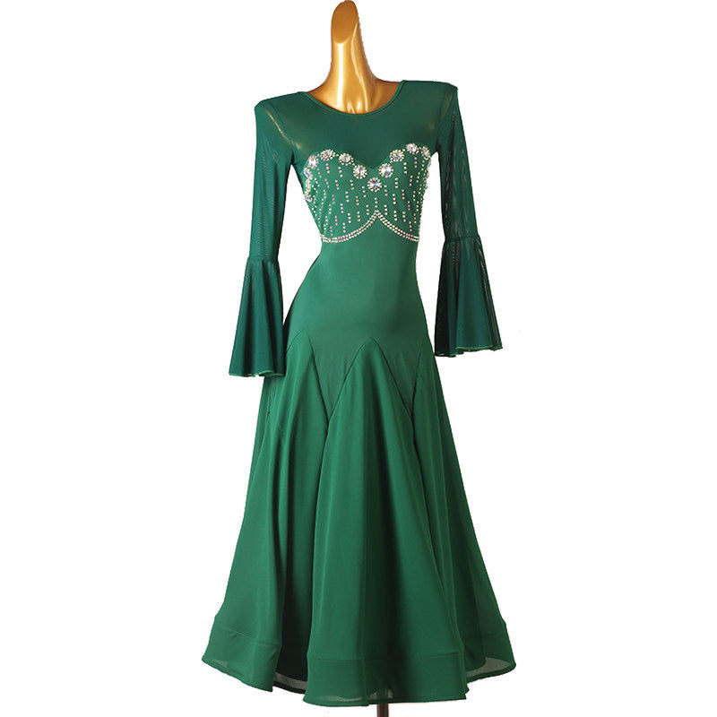 Green ballroom dress front view with flared sleeve cuffs