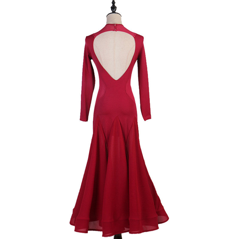 Wine red ballroom practice dress back view showing the open scoop back