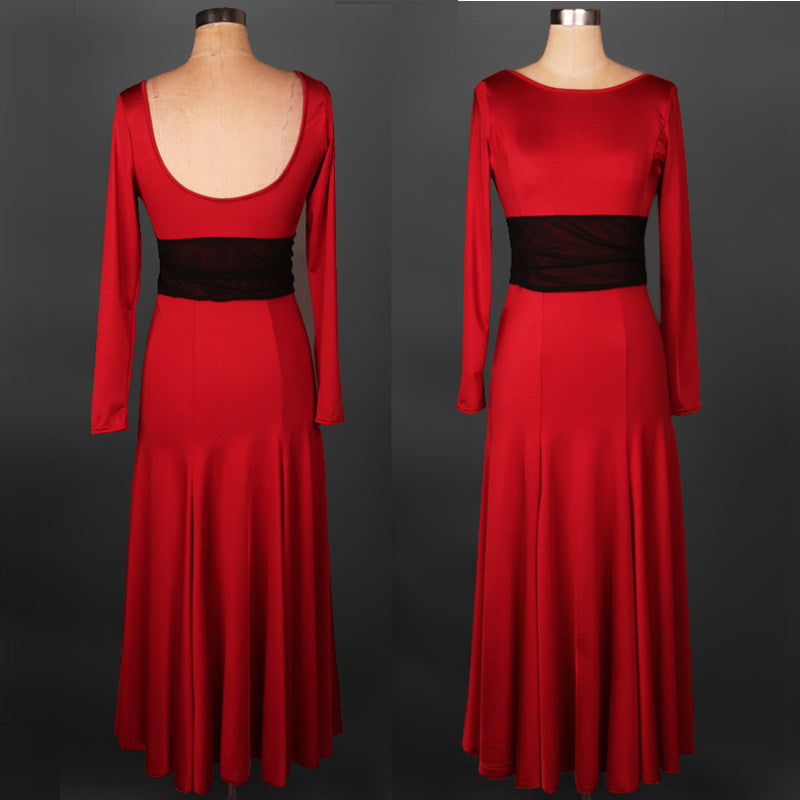 Red ballroom practice dress with black contrast waistband, front and back