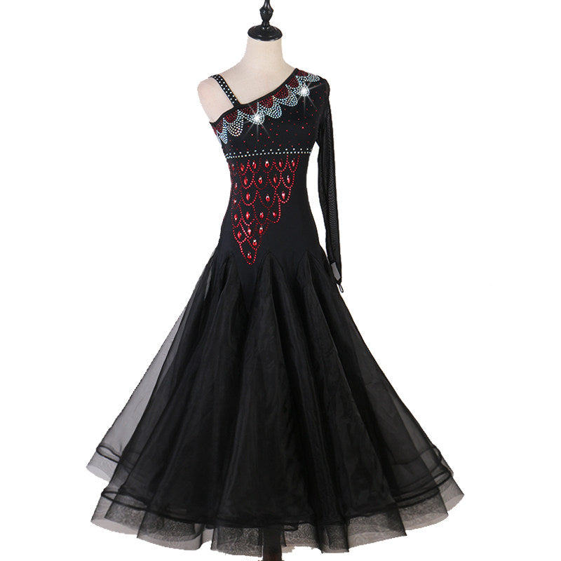 Black asymmetric ballroom gown front view with swing skirt