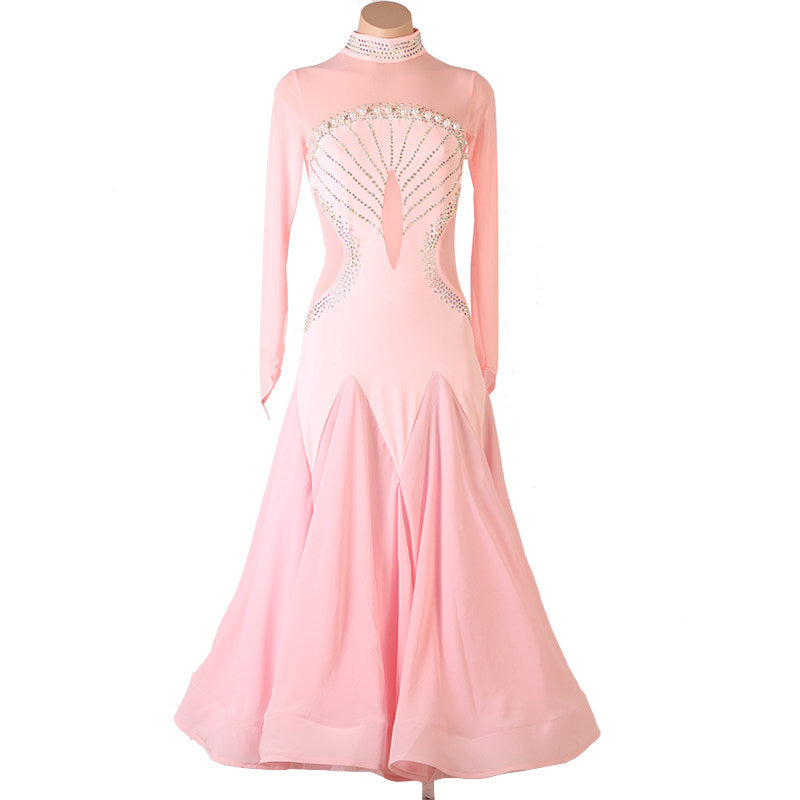 Pink rhinestone ballroom dance dress front view with the godet skirt hanging