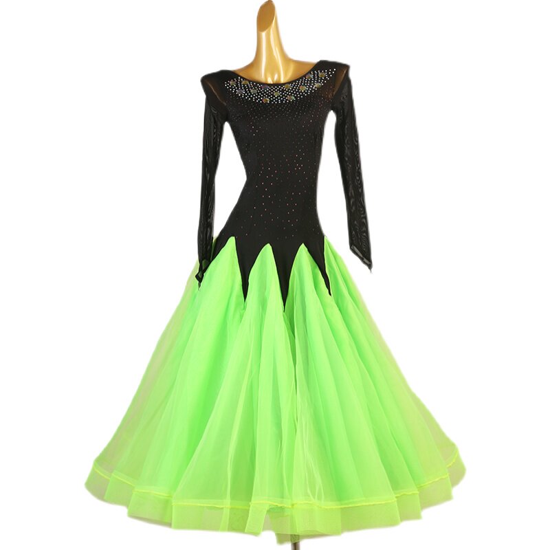 Neon green ballroom dress photographed against a white background