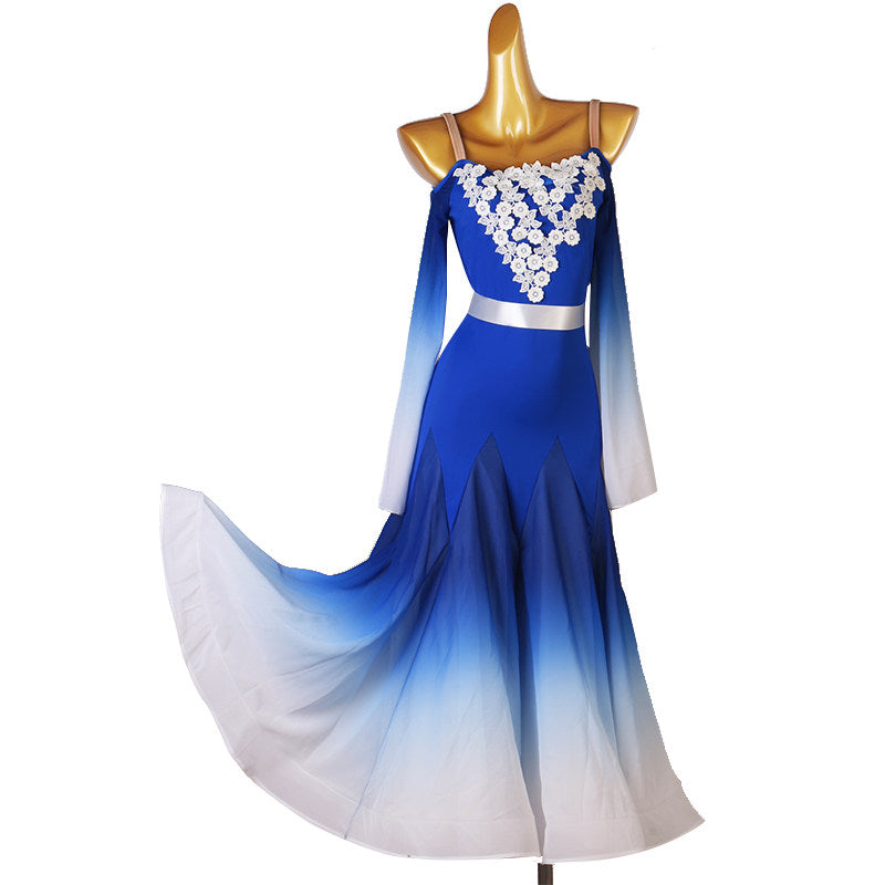 Royal blue lace yoke ballroom dance dress with streamer sleeve on mannequin