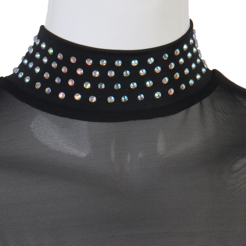 Close up of the aurora rhinestone collar on black mesh