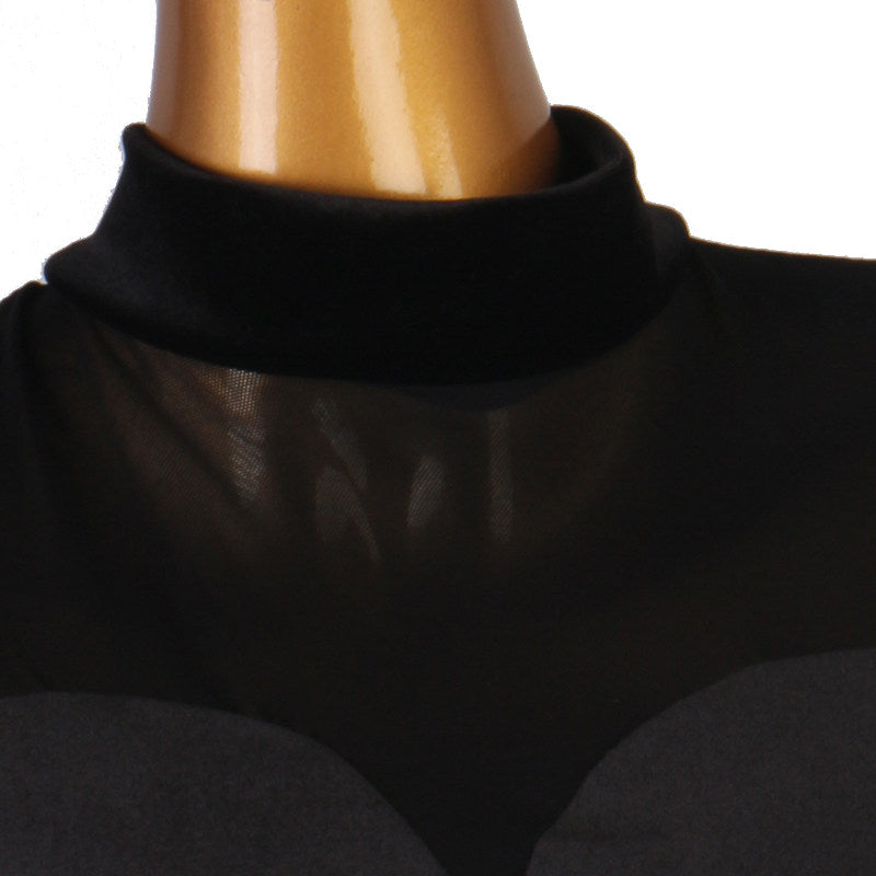 Close up of the sheer mesh neckband on the mock neck ballroom dress