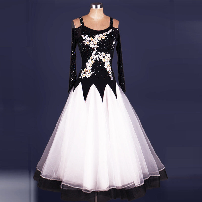 White organza ballroom gown with rhinestone flame bodice and zigzag hem