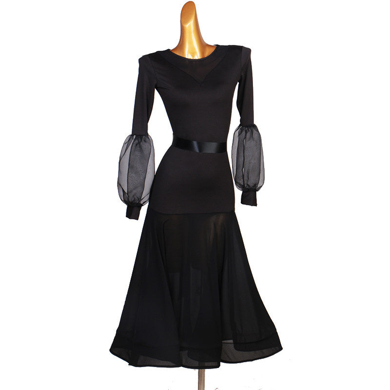 Black version of the mesh yoke lantern sleeve ballroom dance dress on mannequin