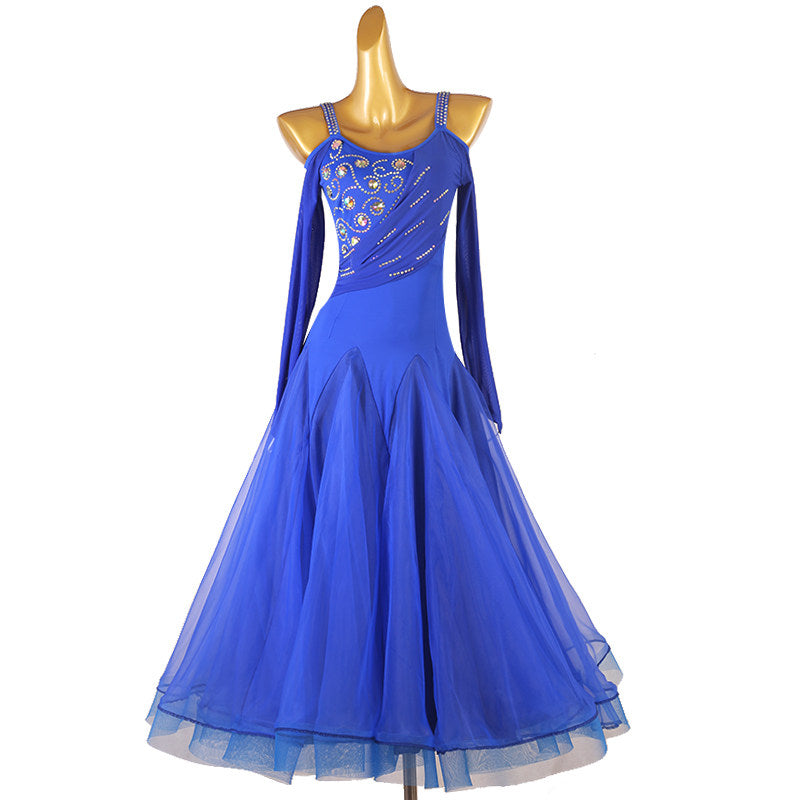 Royal blue diagonal rhinestone ballroom competition dress on mannequin