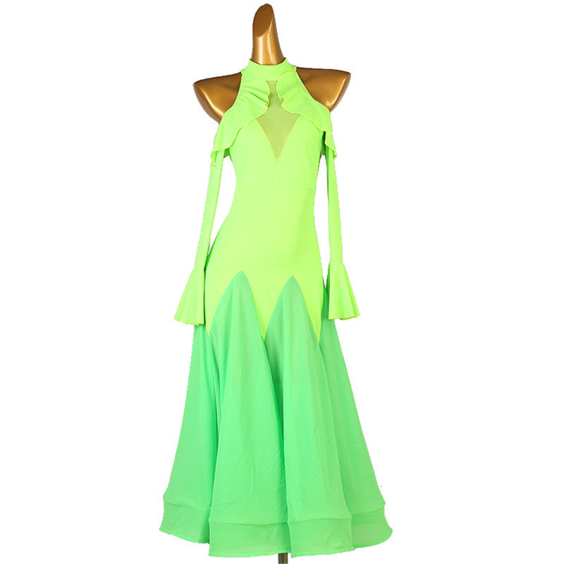 Neon green halter ballroom dress front view on the mannequin