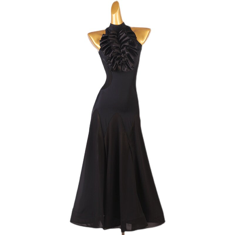 Black rosette ballroom dance dress photographed straight on