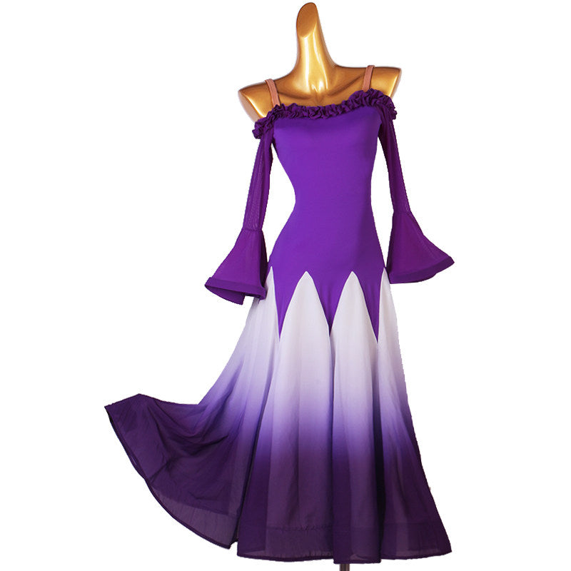 Purple ombre ruffle off shoulder ballroom dress with deep bell sleeves