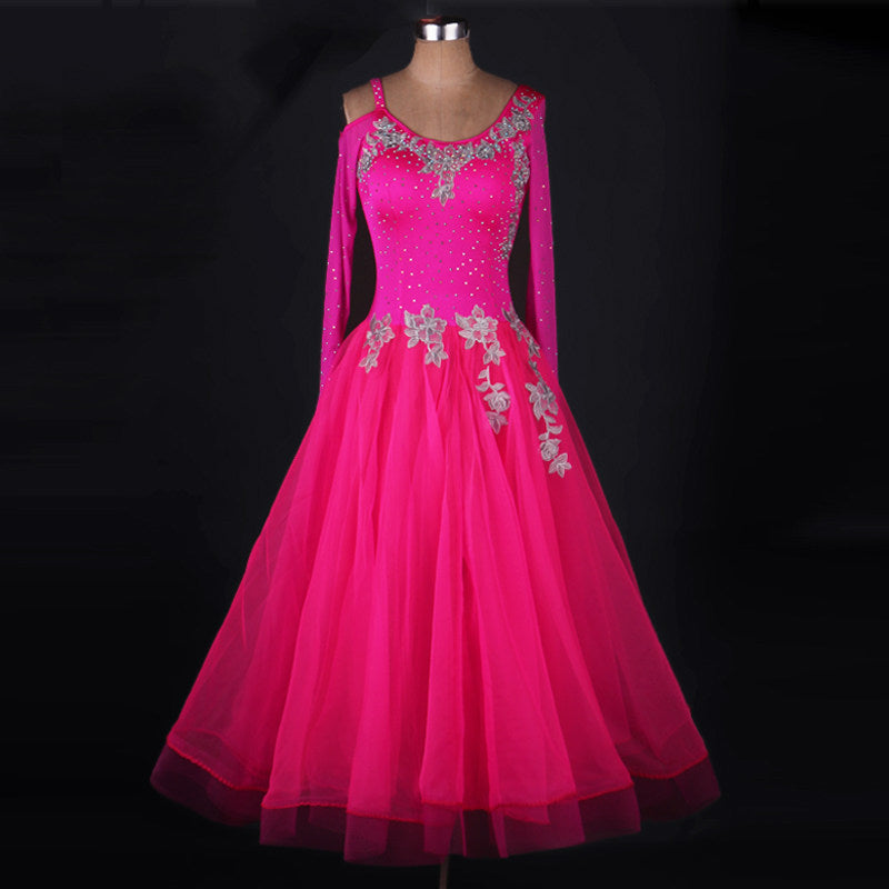 Rose red ballroom dress front view on mannequin, tulle skirt spread