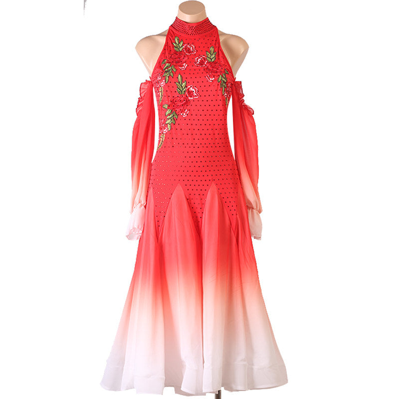 Red rose embroidered halter ballroom competition dress with ombre hem