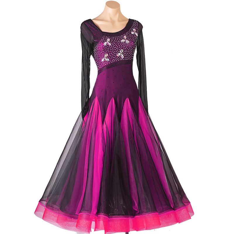 Fuchsia ballroom dance dress with the black mesh overlay skirt hanging