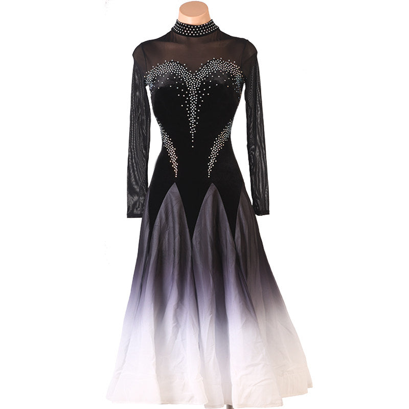 Black to white ombre ballroom competition dress on the mannequin