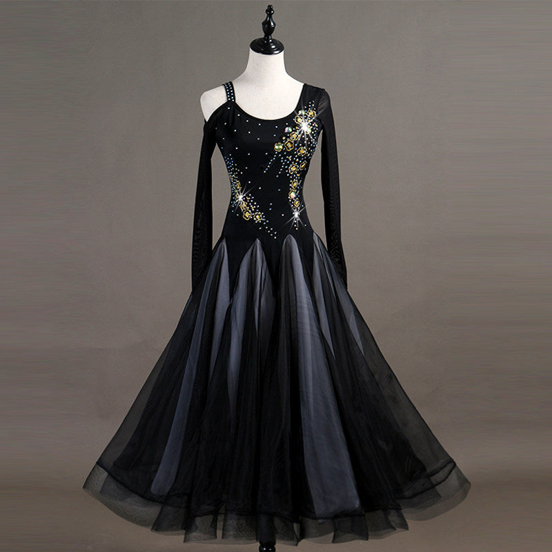 Black ballroom competition dress with embroidered bodice and organza skirt