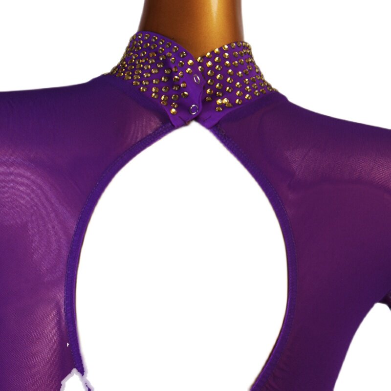 Detail of the oval back opening and neckband on the purple ballroom dress