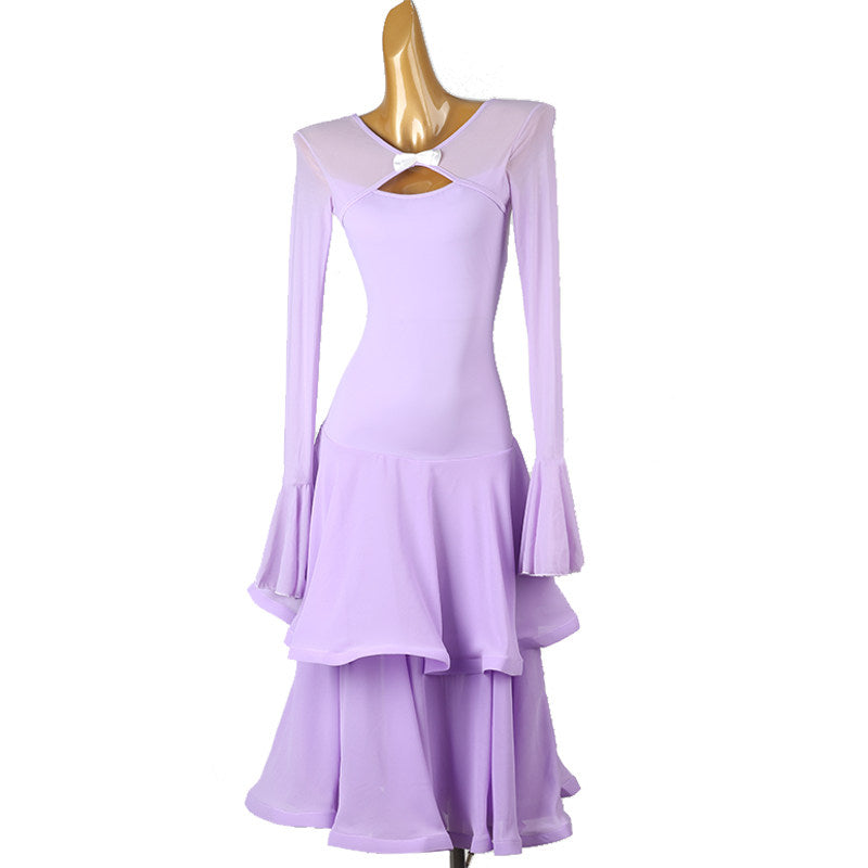 Lavender ballroom dance dress front view with the tiered skirt