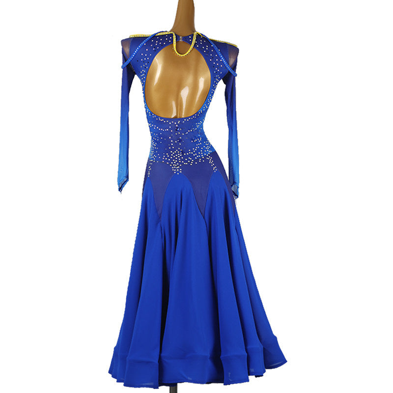 Back view of the royal blue ballroom dress with the open back