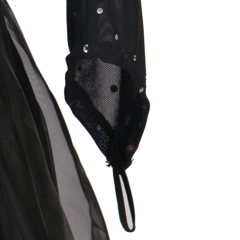 Detail of the sleeve and strap finish on the black crystal ballroom dress