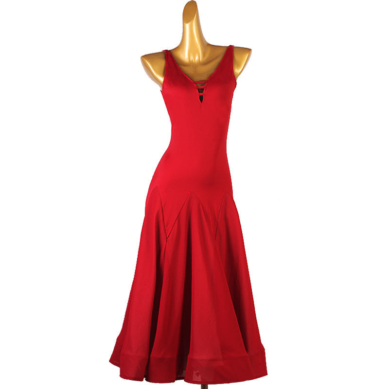 Red sleeveless ballroom practice dress with the godet skirt swept out