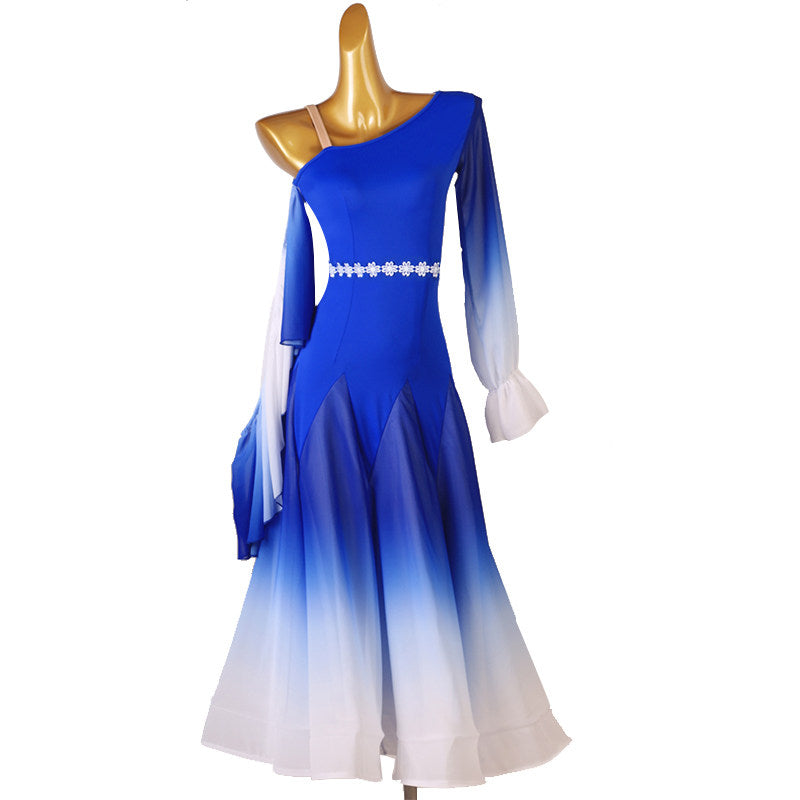 Royal blue ombre ballroom dress front view on the mannequin