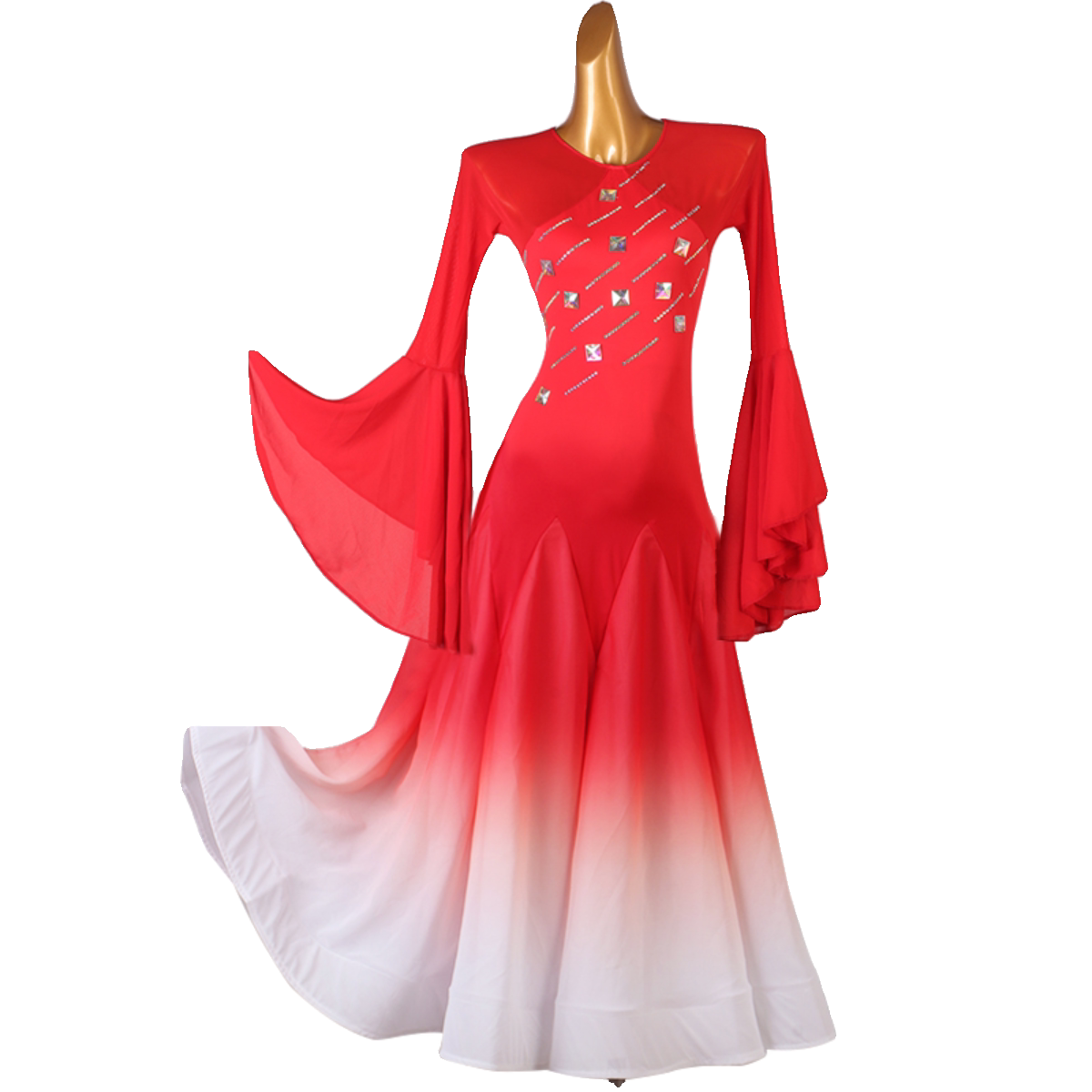 Red and white ballroom dress with the flare sleeve lifted to the side