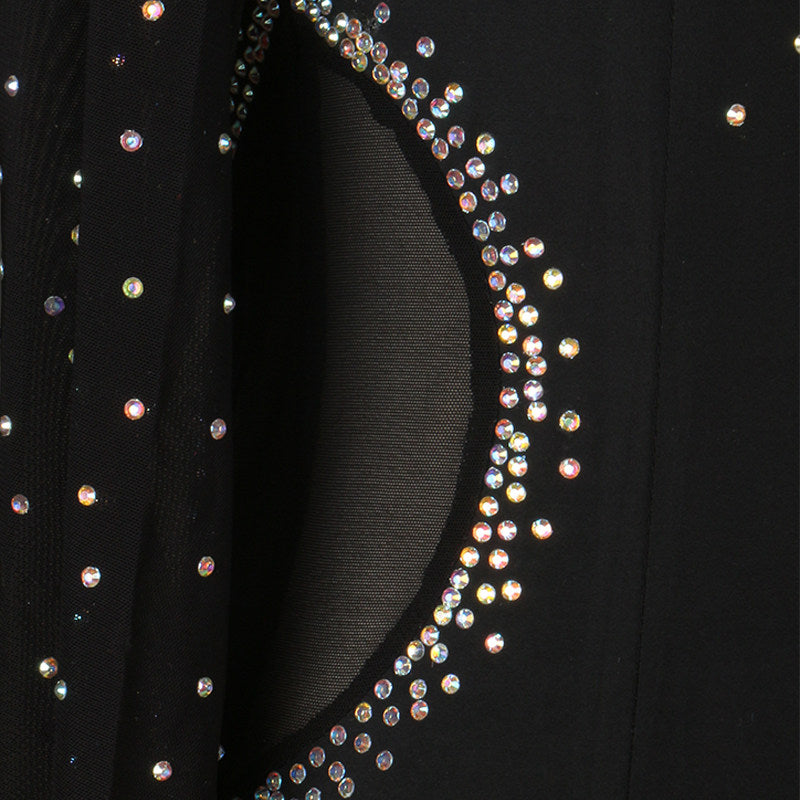 Rhinestone detail on the black velvet bodice neckline of the ballroom gown