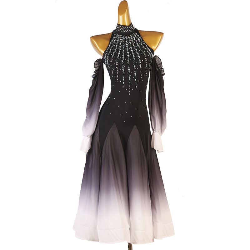 Black beaded fan collar ballroom competition dress with ombre chevron skirt