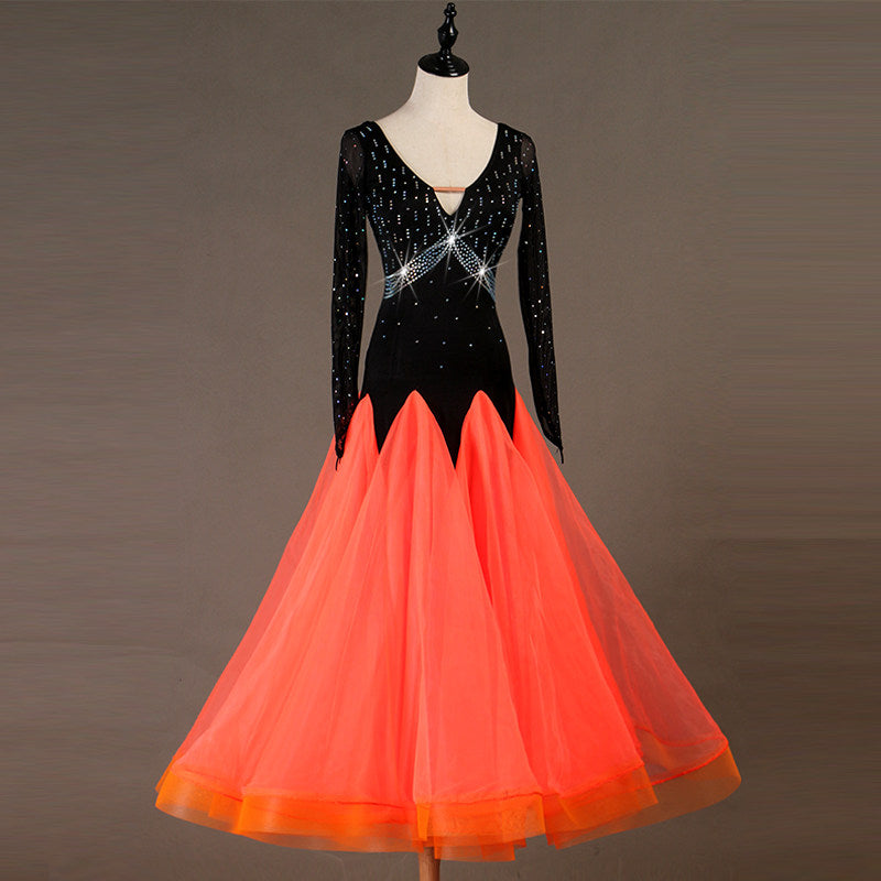 Orange ballroom competition dress front view with full ombre tulle skirt