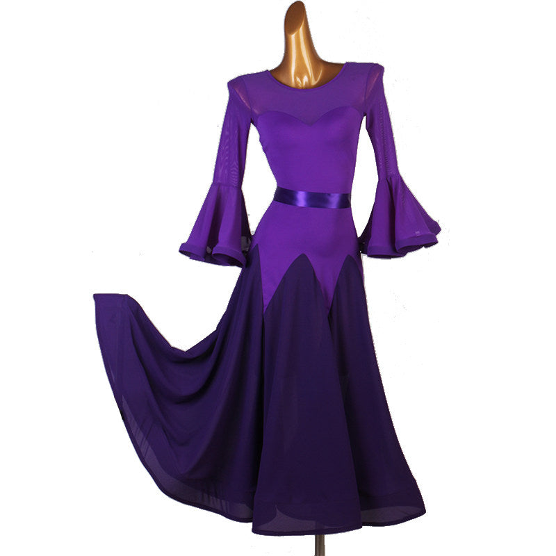 Purple bell sleeve ballroom practice dress with flared skirt