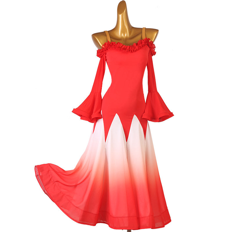 Red and white ombre ruffle ballroom dance dress with the skirt lifted