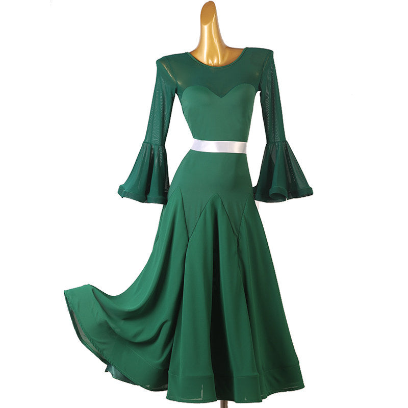 Dark green bell sleeve ballroom practice dress front view
