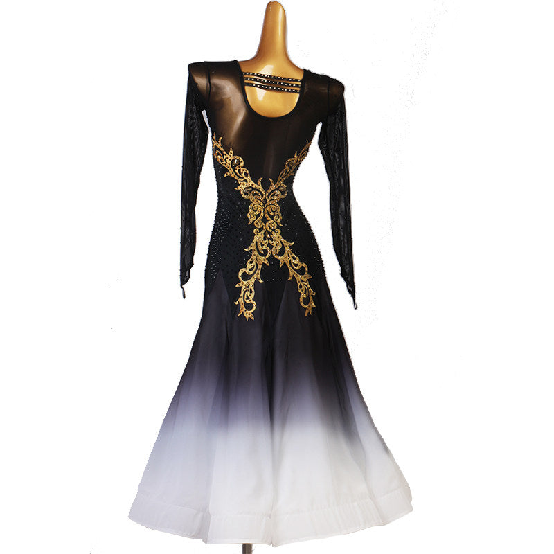 Black to white ombre ballroom competition dress with gold baroque embroidered bodice