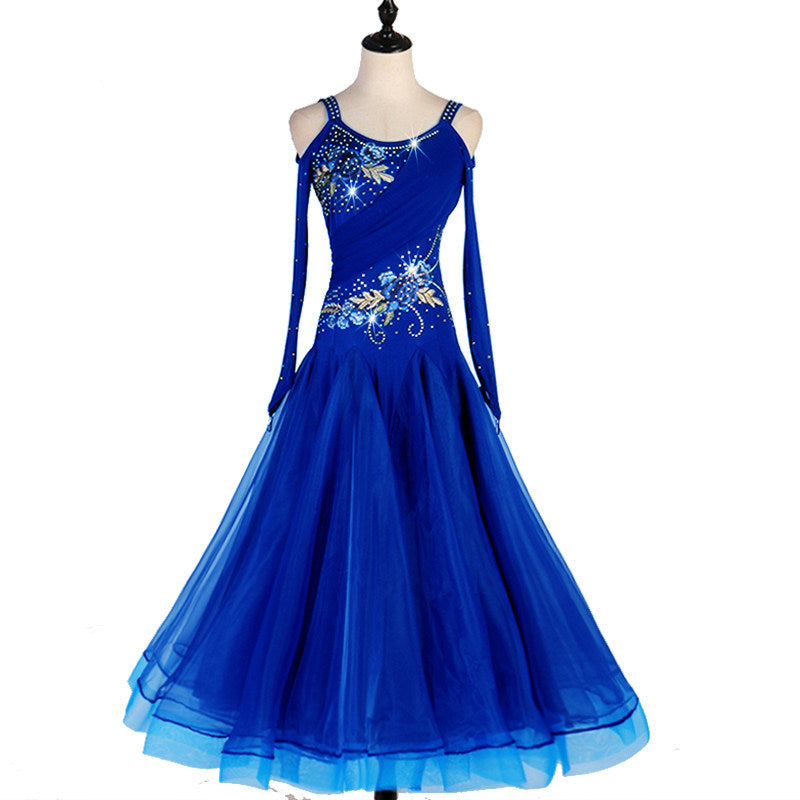 Royal blue floral embroidered ballroom dance dress front view