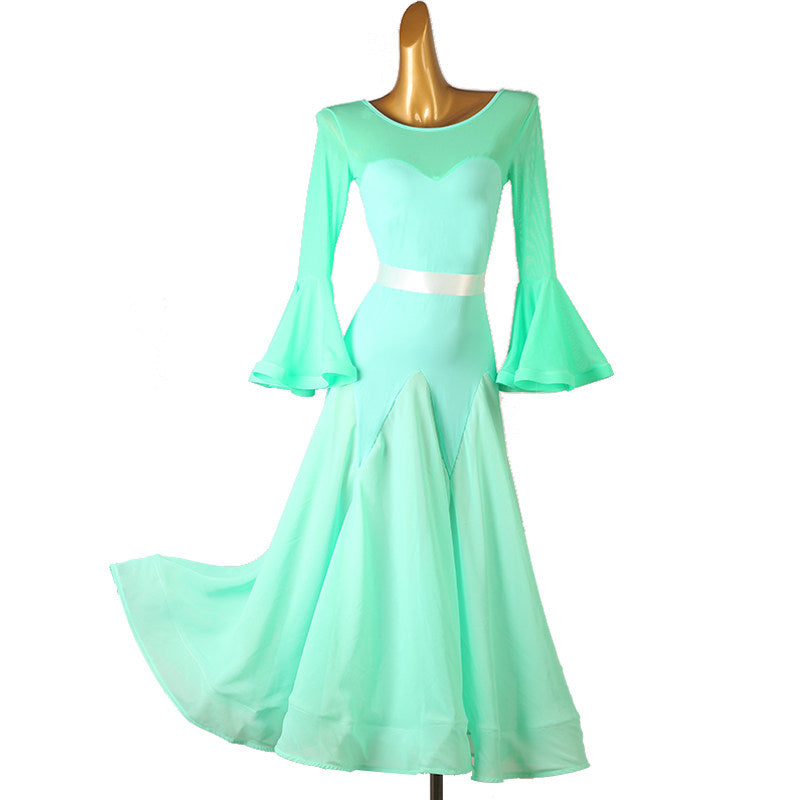 Mint green bell sleeve ballroom practice dress with satin sash