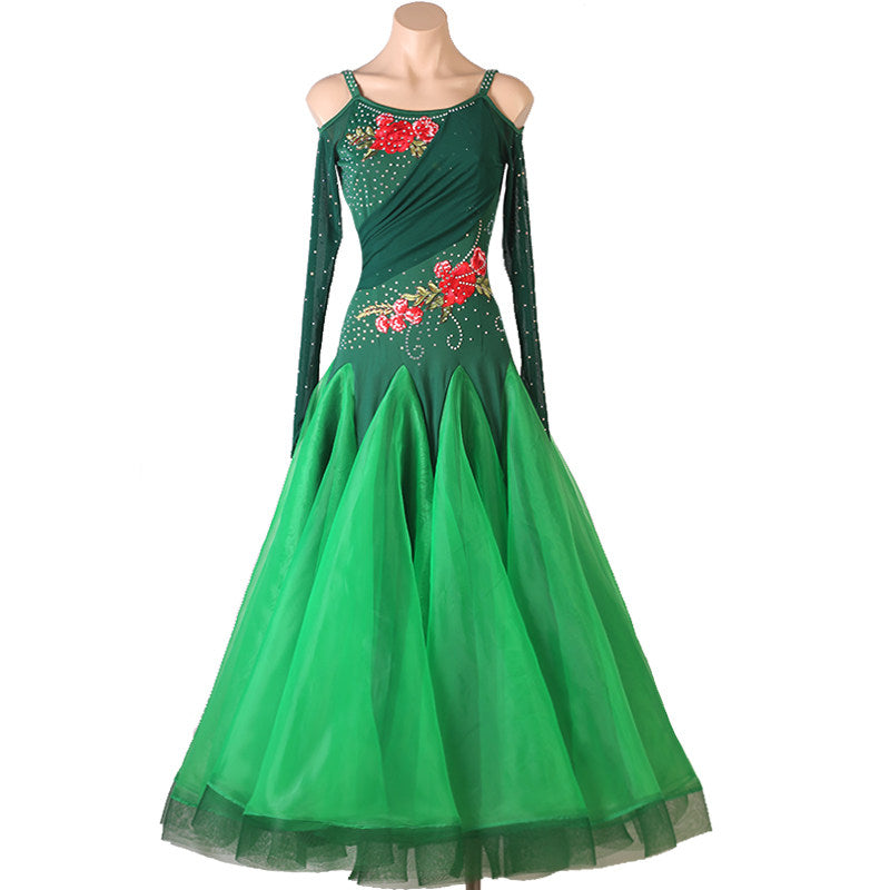 Green cold shoulder ballroom dance dress with rose applique bodice