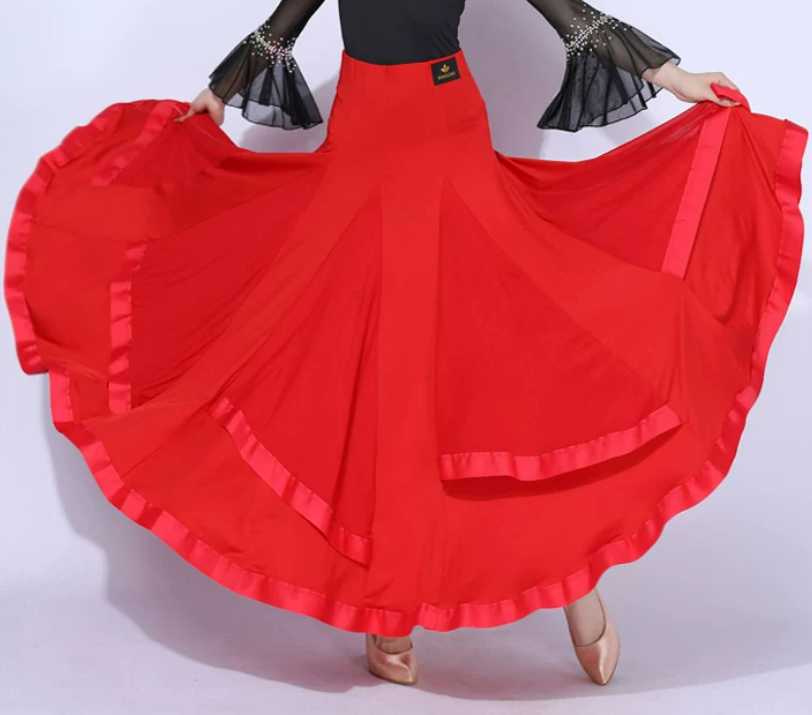 red black ballroom long dance skirt flared godet panel satin ribbon trim mesh horsehair hem high waist front view