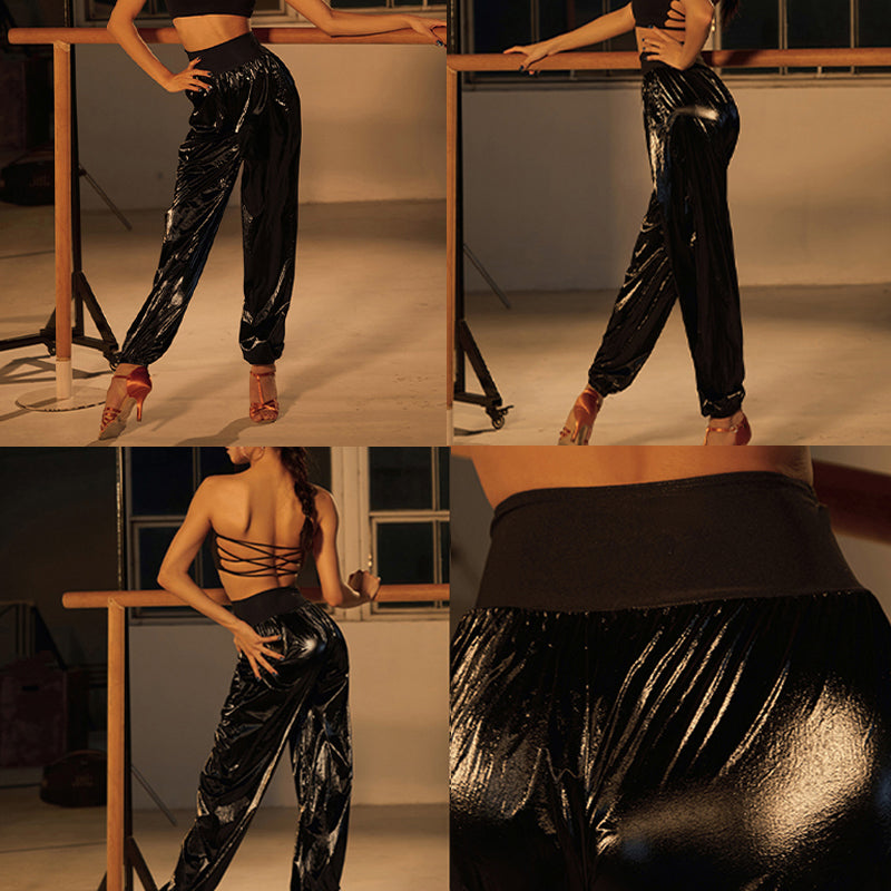 Glossy Sauna Latin Dance Pants High Waist Cuffed Practice Joggers, view 4
