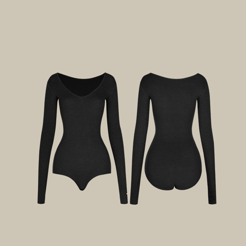 Latin Dance Leotard Wide U Neck Long Sleeve Practice Bodysuit, view 3