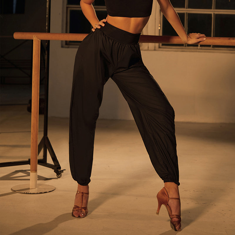 Sauna Sweat Latin Dance Pants High Waist Cuffed Practice Joggers in Black, on model