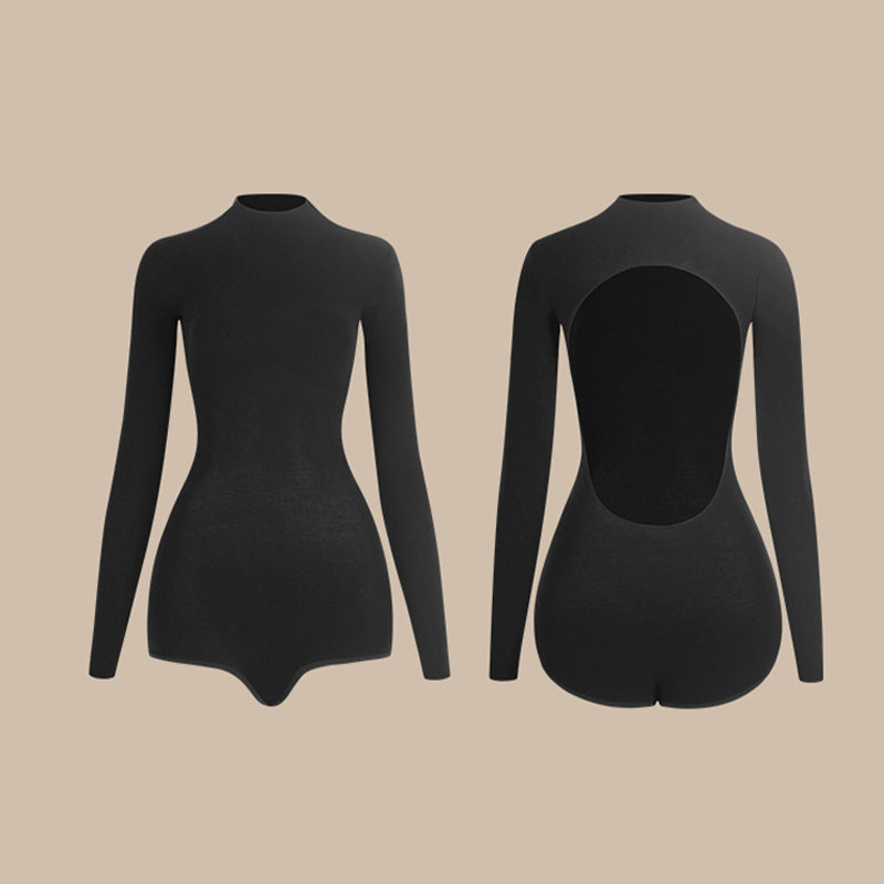 Latin Dance Leotard Mock Neck Long Sleeve Open Back Bodysuit, view 2