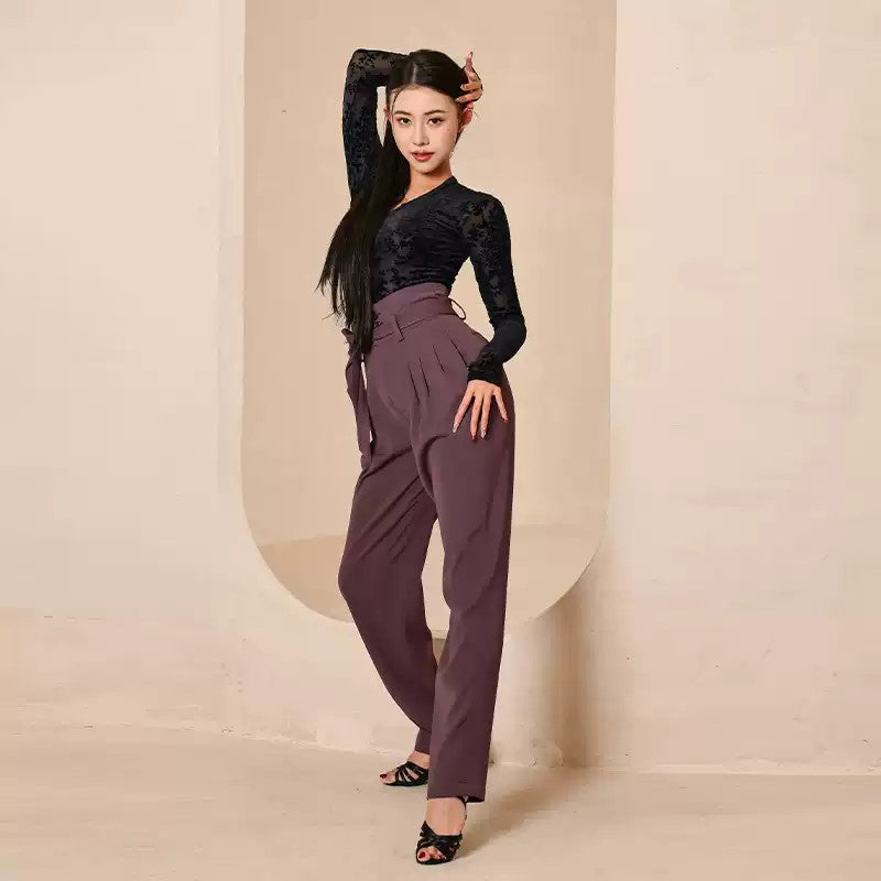 Purple Latin Dance Pants High Waist Pleated Belted Practice Trousers, view 5