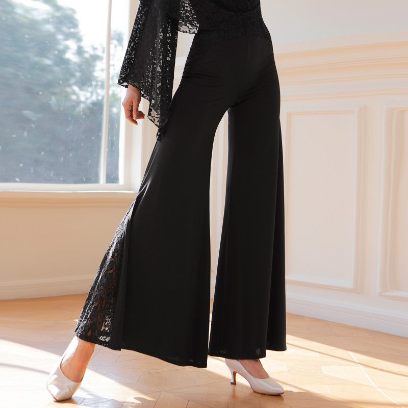 Lace Panel Ballroom Dance Pants Wide Leg Palazzo Practice Trousers in Black, on model