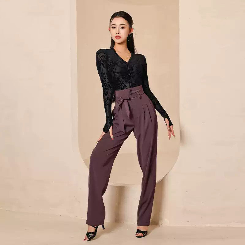 Purple Latin Dance Pants High Waist Pleated Belted Practice Trousers, view 2